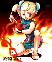  ahoge blonde_hair blue_eyes blue_shorts bracelet bun_cover china_dress chinese_clothes cynthia_rou cynthia_the_mission double_bun dress female fighting_stance fire flat_chest flats forehead hair_bun jewelry kung_fu on_one_knee one_eye_closed photoshop_(medium) short_hair shorts smile solo takatou_rui 