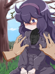  @_@ ahoge al_bhed_eyes aliasing blue_sky blush breasts cloud day disembodied_hands disembodied_limb dress female fence grass groping hands_together headband hex_maniac_(pokemon) highres long_hair long_sleeves looking_down matching_hair/eyes medium_breasts nervous npc_trainer outdoors pokemon pokemon_(game) pokemon_xy purple_dress purple_eyes purple_hair sitting sky solo sweat tamanegi009 tree turtleneck turtleneck_dress wavy_mouth 