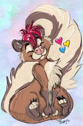  2016 brown_body brown_fur closed_eyes female feral fur hair heart_symbol hi_res kappy kappy_(character) mammal mephitid pink_hair skunk solo 