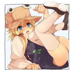  animal_print bad_id bad_pixiv_id blonde_hair blue_eyes blush border female frog_print hair_ribbon hat highres in_container legs_up long_sleeves moriya_suwako nishimuku_meri no_panties open_mouth outside_border ribbon shirt shoes skirt skirt_set solo thighhighs touhou vest white_thighhighs zettai_ryouiki 