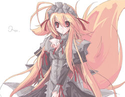  animal_ears bad_id bad_pixiv_id breasts endou_chihiro female fox_ears fox_tail long_hair maid medium_breasts original red_eyes simple_background solo tail very_long_hair white_background 