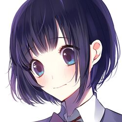  black_hair blue_eyes blush commentary female ini_(millabi21) kuzu_no_honkai looking_at_viewer portrait short_hair smile solo yasuraoka_hanabi 