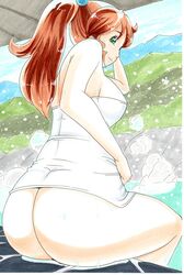  absurdres ass bad_id bad_pixiv_id bishoujo_senshi_sailor_moon bottomless breasts brown_hair female green_eyes hayami_jin highres impossible_towel kino_makoto large_breasts looking_at_viewer looking_back marker_(medium) naked_towel onsen outdoors ponytail rock sitting smile solo steam towel traditional_media water wet 