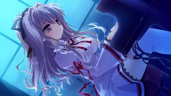  bow cube_(alma) dutch_angle female game_cg grey_hair hairbow houshou_yukino instrument kimi_to_boku_to_eden_no_ringo long_hair night piano ribbon skirt solo thighhighs white_skirt white_thighhighs window zettai_ryouiki 