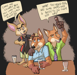  2016 3_toes 4_fingers anthro barefoot baron_puddin_paws beverage black_nose blue_eyes bottomwear brown_background brown_eyes canid canine clothed clothing dialogue digital_drawing_(artwork) digital_media_(artwork) disney english_text eyebrows feet fennec_fox fingers finnick_(zootopia) fox gideon_grey gloves_(marking) green_eyes group half-closed_eyes hand_on_head hi_res male mammal markings narrowed_eyes necktie nick_wilde raised_eyebrow raised_inner_eyebrows shirt shorts simple_background speech_bubble text toes topwear true_fox zootopia 