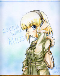  blonde_hair cecilia_glinda_miles character_name commentary_request female headphones masana_hatuse shikishi short_hair solo traditional_media witches_of_africa world_witches_series 