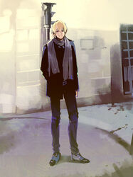  1boy blonde_hair casual coat commentary_request fate/stay_night fate_(series) gilgamesh_(fate) male_focus momoayamo photoshop_(medium) red_eyes scarf short_hair solo 