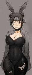  1girls big_breasts black_clothing black_hair brown_eyes bunny_ears bunny_girl bunnysuit choker cleavage clothed drawing female female_only fishnets forehead_protector goth gothified latex mr.russo naruto naruto_shippuden short_hair skin_tight solo tenten torn_thighhighs voluptuous 