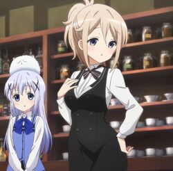  aoyama_blue_mountain aqua_hair black_eyes blue_eyes brown_hair gochuumon_wa_usagi_desu_ka? gochuumon_wa_usagi_desuka? kafuu_chino long_hair ponytail screencap tippy_(gochuumon_wa_usagi_desuka?) 