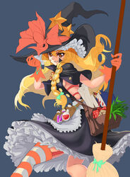  &gt;:) adapted_costume apron black_dress blonde_hair bow braid breasts broom capelet commentary cowboy_shot dress etidekailo female garter_straps gloves hat hat_bow kirisame_marisa long_hair looking_at_viewer mushroom orange_eyes orange_gloves parted_lips photoshop_(medium) side_braid sideboob single_thighhigh small_breasts smile solo star_(symbol) striped_clothes striped_thighhighs test_tube thighhighs touhou v-shaped_eyebrows vial waist_apron witch_hat 