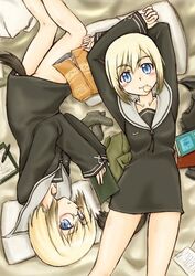  2girls blonde_hair blue_eyes blush commentary_request erica_hartmann glasses looking_at_viewer lying masana_hatuse multiple_girls on_back rotational_symmetry short_hair smile strike_witches strike_witches:_suomus_misfits_squadron ursula_hartmann world_witches_series 