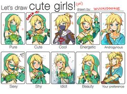  1boy alternate_hairstyle bad_id bad_twitter_id blonde_hair blue_eyes blush champion&#039;s_tunic_(zelda) circlet cold commentary cosplay crossdressing detached_sleeves gerudo_set_(zelda) hair_ornament hair_stick halterneck hood jewelry laurel_crown let&#039;s_draw_pretty_girls_challenge link male_focus multiple_drawing_challenge necklace official_alternate_costume otoko_no_ko pointy_ears ponytail shy smile stealth_set_(zelda) the_legend_of_zelda the_legend_of_zelda:_breath_of_the_wild tunic veil wuukidookie 