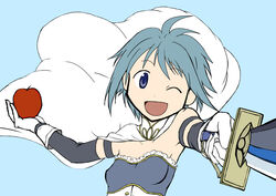  ;d apple armband blue_background blue_eyes blue_hair cape commentary_request female flat_color food foreshortening fruit gloves magical_girl mahou_shoujo_madoka_magica mahou_shoujo_madoka_magica_(anime) miki_sayaka miki_sayaka_(magical_girl) one_eye_closed open_mouth simple_background smile solo sword weapon yukimura_kaname 