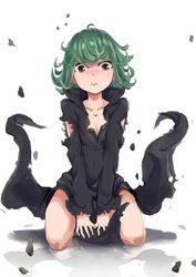  akatsukiame black_dress blush breasts commentary_request curly_hair dress female green_eyes green_hair kneeling looking_at_viewer one-punch_man photoshop_(medium) reflection short_hair simple_background small_breasts solo tatsumaki tears torn_clothes v_arms white_background 