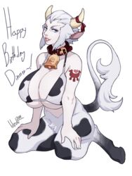  animal_ears animal_print bell bikini bikini_top_only bottomless breasts cleavage collar commentary cow_ears cow_girl cow_horns cow_print cow_print_bikini cow_tail cowbell english_commentary female final_fantasy final_fantasy_xiv grin hair_slicked_back happy_birthday hooves horn_ornament horn_ribbon horns huge_breasts kneeling lilirulu lips merlwyb_bloefhiswyn neck_bell nose print_bikini ribbon roegadyn short_hair smile solo swimsuit tail tail_raised tattoo underboob white_hair 