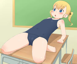  :o barefoot blonde_hair classroom copyright_request desk eyebrows eyebrows_visible_through_hair feet female flat_chest full_body gluteal_fold hair_ornament hair_ribbon lolicon one-piece_swimsuit open_mouth ribbon school_desk shiny shiny_hair shiny_skin solo swimsuit tomboo twintails 