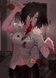  artist_name bell_(home_sweet_home) belly black_hair black_skirt blood breasts cutter female ghost home_sweet_home long_nails looking_at_viewer nosebleed school_uniform short_hair skirt solo white_eyes 