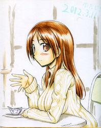  blush brown_eyes brown_hair commentary_request female long_hair looking_at_viewer masana_hatuse minna-dietlinde_wilcke shikishi smile solo strike_witches traditional_media world_witches_series 