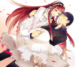  1boy bow brown_eyes closed_eyes commentary_request couple dress female frills gothic_lolita hair_ribbon hat iori_junpei lolita_fashion long_hair mentaishi persona persona_3 red_hair ribbon school_uniform smile straight yoshino_chidori 