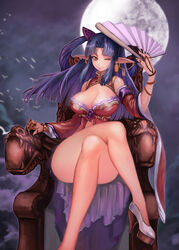  ;) bare_shoulders black_hair blunt_bangs breasts chinese_clothes cleavage commentary crossed_legs detached_sleeves earrings elf etidekailo female folding_fan full_moon hair_rings hand_fan high_heels holding holding_fan jewelry large_breasts long_hair long_legs looking_at_viewer moon one_eye_closed original photoshop_(medium) pointy_ears sitting smile solo thighs throne wide_sleeves yellow_eyes 