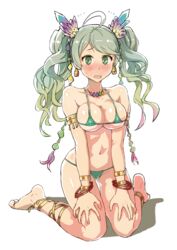  barefoot bikini blush bracelet breasts cameltoe commentary_request crystal de_la_fille earrings female flying_sweatdrops full_body gradient_hair granblue_fantasy green_eyes green_hair hair_ornament jewelry kneeling large_breasts long_hair looking_at_viewer micro_bikini multicolored_hair navel open_mouth simple_background solo sweatdrop swimsuit thigh_gap twintails white_background yuugiri_(u-slash) 