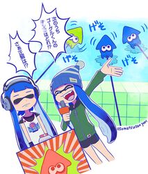  2girls arm_up bad_id bad_tumblr_id beanie bike_shorts blue_hair bobble-chan_(splatoon) buttons censored censored_text closed_eyes fangs hat headphone-chan_(splatoon) headphones hood hoodie inkling inkling_girl inkling_player_character jersey katou_(osoraku) microphone mosaic_censoring multiple_girls onsen osomatsu-san osomatsu_(series) parody sidelocks smile splatoon_(manga) splatoon_(series) splatoon_1 tentacle_hair translation_request 