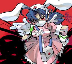  animal_ears bad_id bad_pixiv_id bag bloody_marie_(skullgirls) blue_hair bracelet breasts chibi chibi_inset cosplay double_(skullgirls) eyepatch female finger_gun gloves hair_over_one_eye hat highres iso_maru jewelry large_breasts mask mini_wings mouth_mask nakahara_komugi nakahara_komugi_(cosplay) nurse_cap nurse_witch_komugi-chan ponytail rabbit_ears red_eyes skullgirls solo surgical_mask valentine_(skullgirls) white_gloves wings 