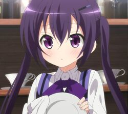  blush bow dishwashing gochuumon_wa_usagi_desu_ka? gochuumon_wa_usagi_desuka? plate purple_eyes purple_hair screencap tedeza_rize twintails twintails violet_eyes 