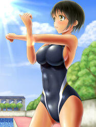  black_hair commentary_request competition_swimsuit cowboy_shot cross-body_stretch female highres one-piece_swimsuit original outdoors short_hair solo stretching swimsuit tama_(tamakaka1031) yellow_eyes 