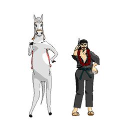 2d_animation animated anthro black_hair bridle clothed clothing dancing duo equid equine facial_hair floral flower flower_garland footwear front_view fur garland gun hair handgun hare_hare_yukai holding_gun holding_handgun holding_object holding_ranged_weapon holding_revolver holding_weapon hooves horse human lei low_res male mammal moustache musashi parody pistol plant ranged_weapon revolver saddle sandals short_playtime simple_background suzumiya_haruhi_no_yuuutsu tail unknown_artist weapon what white_background white_body white_fur white_hair