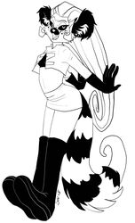 2008 anthro black_and_white boots clothing cosplay female footwear glamfur jessie_(team_rocket) lemur looking_at_viewer mammal monochrome nintendo pandadox pokemon primate ring-tailed_lemur simple_background solo strepsirrhine tail team_rocket text text_on_clothing white_background zeriara_(character)