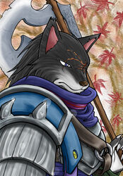 anthro armor axe battle_axe bust_portrait canid canine canis greataxe holding_object holding_weapon kabuto0495 male mammal melee_weapon plate_armor polearm portrait side_view solo warrior weapon wolf