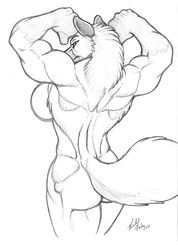 anthro ass back_focus back_muscles biceps breasts canid canine canis female flexing fur iridium mammal monochrome muscular muscular_anthro muscular_female nude rear_view richard_foley side_boob simple_background solo tail wolf