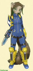 2006 anthro armor biped bodysuit breasts clothing coonkun cosplay female flight_suit form_fitting holding_object holding_weapon julia mammal pose princess_julia procyonid raccoon skinsuit small_breasts solo standing starsiege tail tight_clothing tribes vivian_(coonkun) weapon wristblade