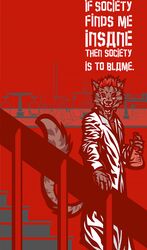 chemistry clothing coat english_text felid grin hair lab_coat mad_scientist madness male mammal pseudo_manitou red_eyes red_hair red_theme scientist smile solo tail text topwear