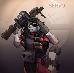 2007 anthro ayato brown_hair clothing demoman_(team_fortress_2) eye_patch eyewear fur gesture grenade_launcher grey_body grey_fur gun hair hat headgear headwear holding_object holding_weapon male mammal procyonid raccoon ranged_weapon salute servo solo tail team_fortress_2 valve weapon