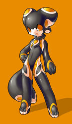 android black_body hand_on_hip looking_at_viewer machine male open_mouth orange_background orange_eyes robot simple_background solo source_request standing tail totem.v tysontan vi