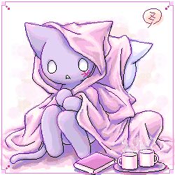 1:1 2channel 2channel_ascii_art_character aliasing ambiguous_gender anthro bedding beverage blanket book border candy chocolate coffee_mug dessert digital_media_(artwork) domestic_cat duo empty_eyes felid feline felis food fur hot_chocolate low_res mammal neji_neji no_(2channel) nude oekaki purple_body purple_fur simple_background sitting steam tail thumbnail unknown_artist white_background white_border white_eyes