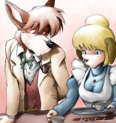 alternative_fashion anthro beverage blush breasts canid canine canis classic_lolita cleaning domestic_dog duo female food hi_res j-fashion karabiner lolita_(fashion) looking_at_another looking_at_another&#039;s_breasts looking_at_breasts male mammal mrs._hudson ouji_(fashion) parody sherlock_hound sherlock_hound_(series) staring_at_chest tea victorian