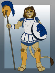 ancient ancient_greece anthro armor clothing felid footwear greek holly_marie_ogburn hoplite lion male mammal marcus_(hyenafur) pantherine plate_armor sandals shield solo tail