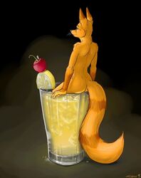 alcohol anthro ass beverage canid canine cherry citra cocktail container fluffy fluffy_tail food fruit fur ice ice_cube in_beverage in_container in_cup in_food lemon male mammal micro nude on_food plant solo source_request tail truegrave9