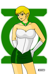  1girls alien alien_girl arisia_rrab arm_behind_back bare_legs bare_shoulders blonde_hair cleavage collarbone dc female female_only gloves green_eyes green_lantern green_lantern_(series) green_lantern_corps green_skirt grin hand_on_hip head_tilt jewelry legs looking_at_viewer neck necklace parted_lips pencil_skirt ranwolf short_hair skirt smile solo standing strapless tubetop white_gloves 