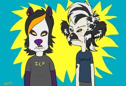 alternative_fashion anthro bear beavis beavis_and_butt-head butt-head clothing deathhawk duo ear_piercing english_text facial_piercing female giant_panda glamfur gold_(metal) gold_tooth goth hair hanson_(band) heterochromia hybrid insane_clown_posse lemur looking_at_viewer mammal mohawk nose_piercing nose_ring panda_dox pandadox parody piercing primate ring_piercing septum_piercing shirt short_hair strepsirrhine tattoo teeth text text_on_clothing text_on_shirt text_on_topwear topwear zeriara_(character)