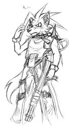 anthro black_and_white canid canine canis gun holding_gun holding_object holding_ranged_weapon holding_weapon kabuto0495 male mammal monochrome ranged_weapon sketch solo warrior weapon wolf