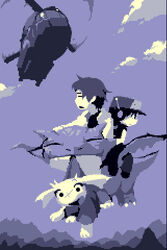 2004 aircraft cave_story claws clothing daisuke_amaya digital_media_(artwork) dragon female group hat headgear headwear helicopter human humanoid kazuma_sakamoto lagomorph leporid low_res machine mammal midair mimiga monochrome mythological_creature mythological_scalie mythology official_art outside pixel_(artwork) quote_(cave_story) rabbit robot scalie sky sky_dragon_(cave_story) sprite sue_sakamoto tail vehicle