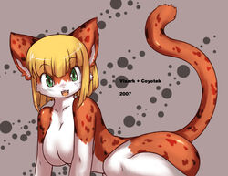 2007 anthro belly big_breasts blonde_hair blush breasts cheetah coyotek featureless_breasts felid feline female hair looking_at_viewer mammal nude open_mouth orange_body raised_tail solo source_request spots tail visark white_belly