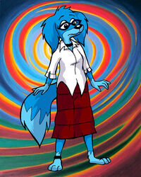 3_toes 4_fingers abstract_background anklet anthro barefoot biped black_nose blouse blue_body blue_feet blue_fur bottomwear canid canine canis clothed clothing dana_simpson domestic_dog eyewear feet female fingers fur glasses jewelry mammal raine_(rainedog) rainedog skirt solo spiral spiral_background tail toes topwear