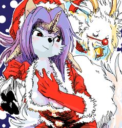 anthro bell blush canid canine christmas clothing cosplay digital_media_(artwork) dragon duo female fur_trim_(clothing) harami holidays horn legend_of_mana low_res mammal mana_(series) mythological_creature mythological_scalie mythology oekaki scalie sierra_(mana) square_enix vadise