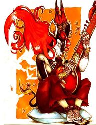 antelope anthro bovid crossed_legs ear_piercing ear_ring female full-length_portrait henna india mammal music musical_instrument opiumrevolution orange_theme piercing playing_music plucked_string_instrument portrait ring_piercing sitar sitting solo string_instrument tail traditional_media_(artwork)