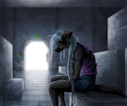 anthro blue_mood canid canine clothed clothing female grey_theme mammal solo tail tina_leyk warehouse